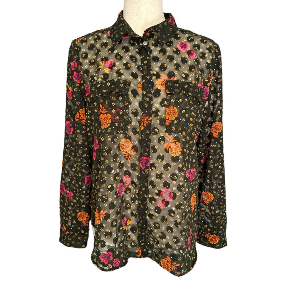 Loft Green Sheer Floral Dotted Blouse Size MP